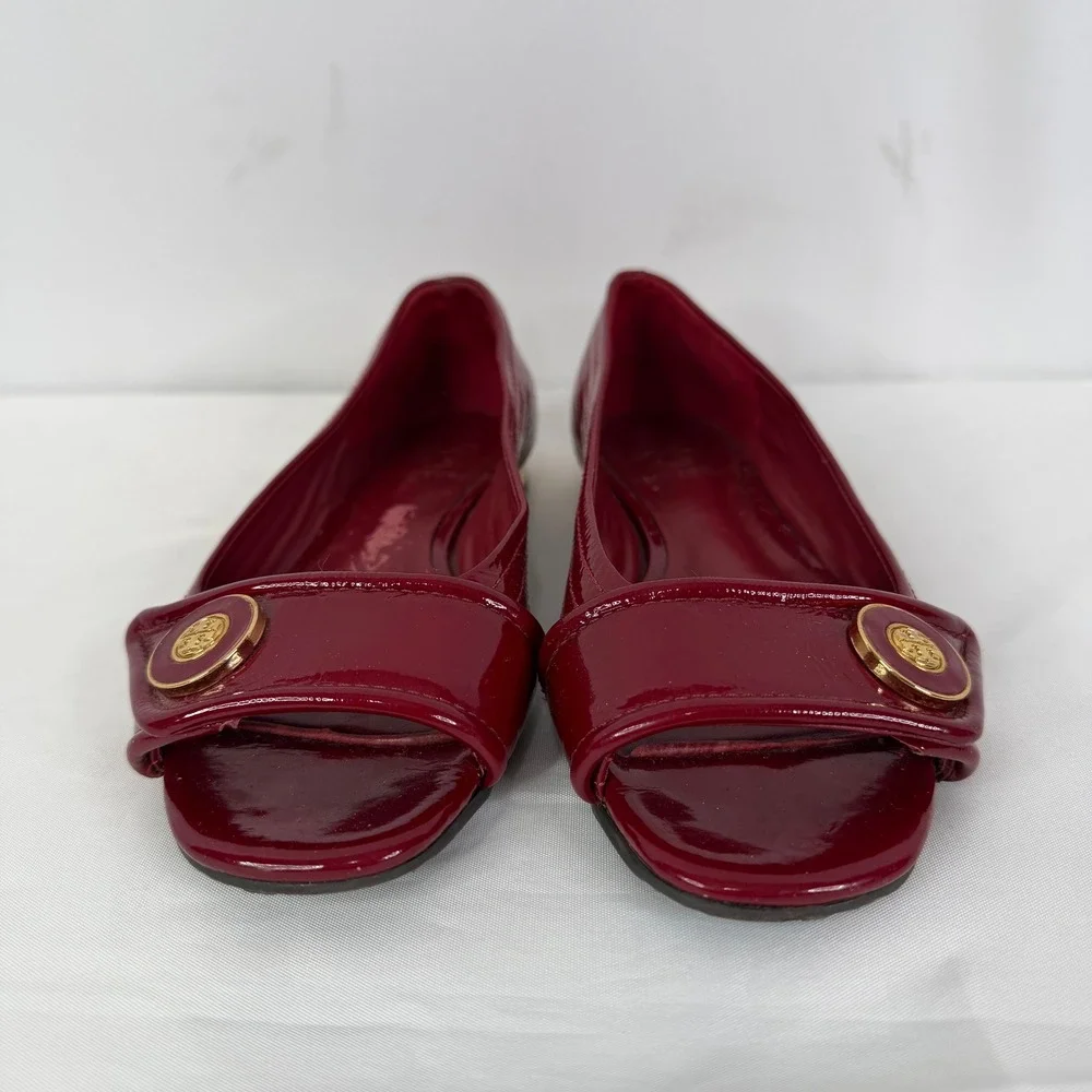 Tory Burch Red Patent Leather Quilted Open Toe Logo Medallion Flats Shoes